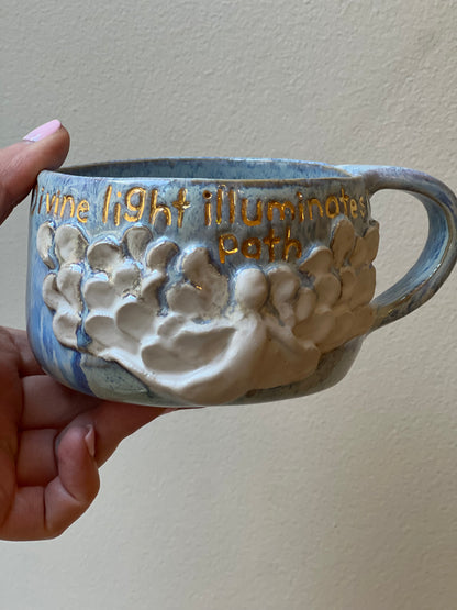 Handmade ceramic blue Angel mug “divine light illuminates my path” - Studio Avalon Boheme