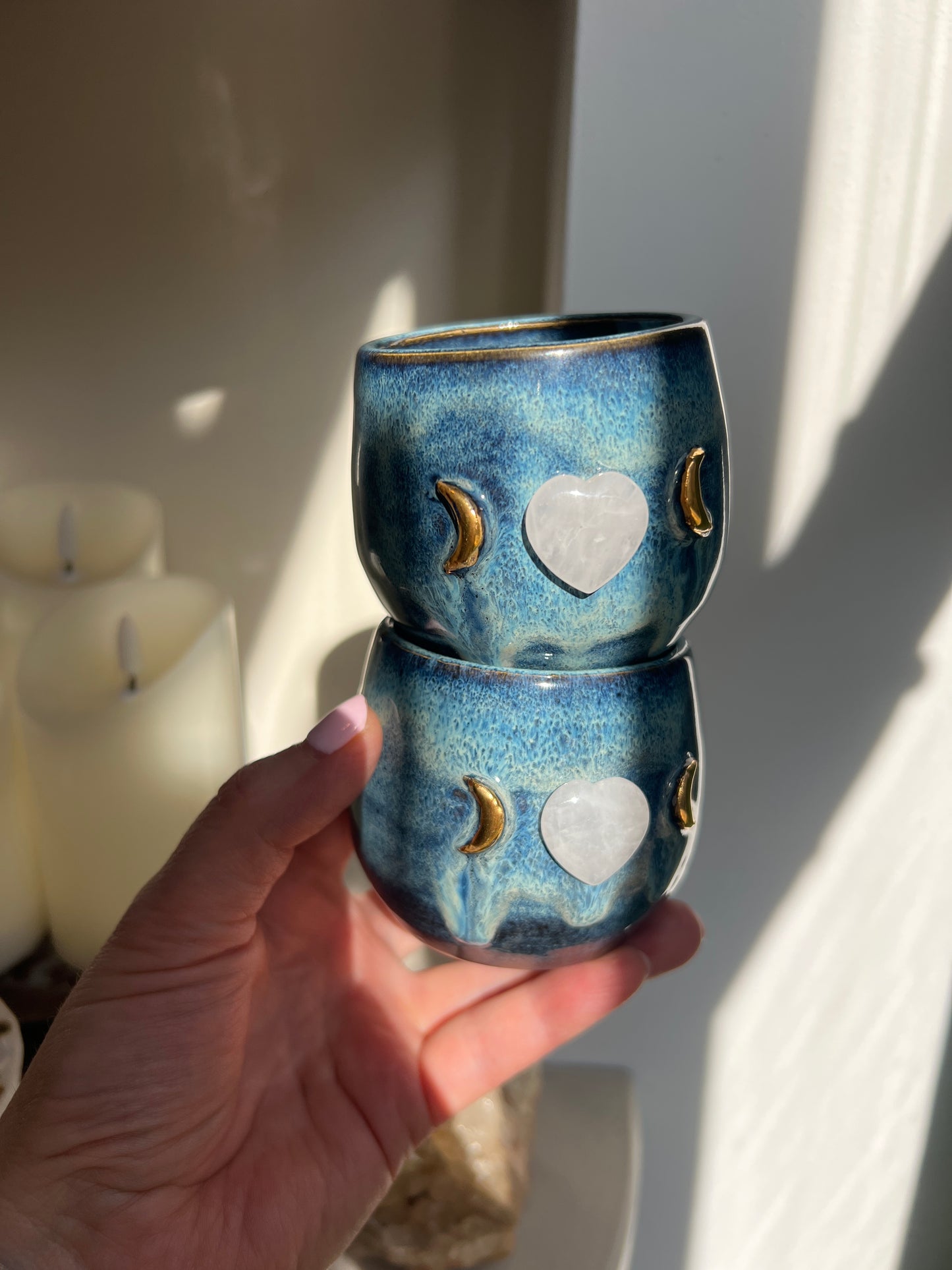 Set of 2 Blue Ceramic Cacao Cups with Gold Moon and clear quartz Heart - Studio Avalon Bohème