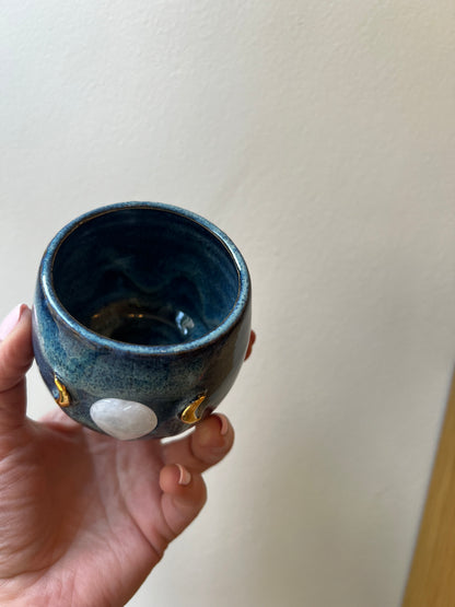 Set of 2 Blue Ceramic Cacao Cups with Gold Moon and clear quartz Heart - Studio Avalon Bohème