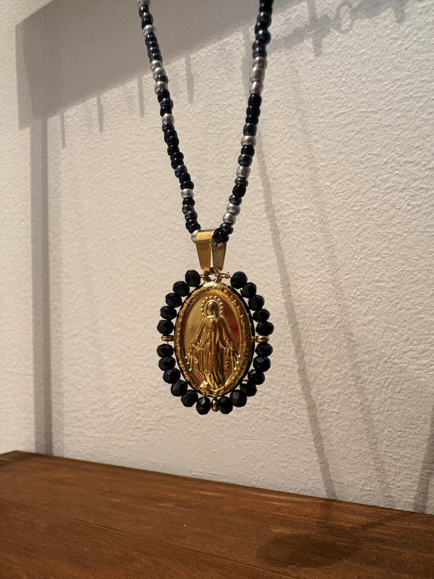 Black Holy Mary Necklace Small Beads - Stainless steel