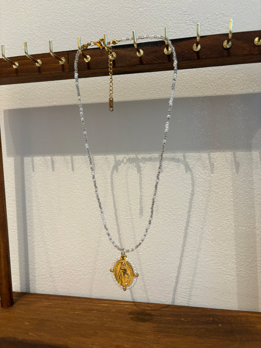 White Holy Mary Necklace Small Beads 24k Gold Pleated