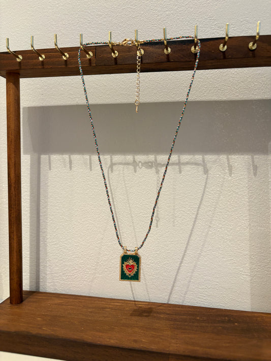 Emerald Green 24k Gold Pleated Necklace Burning Heart Tarot Card