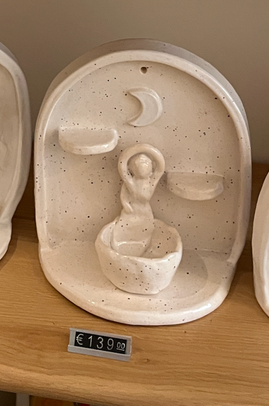 HANDMADE BEIGE DOTTED CERAMIC ALTAR – MOON & WOMAN MOTIF WITH CANDLE HOLDER