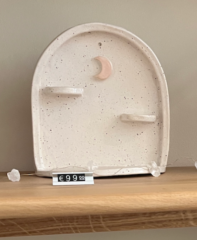 HANDMADE BEIGE DOTTED CERAMIC ALTAR WITH PINK MOON AND CANDLE HOLDERS