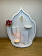 ROUND WHITE HOME-SHAPED CERAMIC ALTAR WITH CLEAR QUARTZ, CANDLE HOLDER & FLOWER HOLDER – STAMPED DESIGN