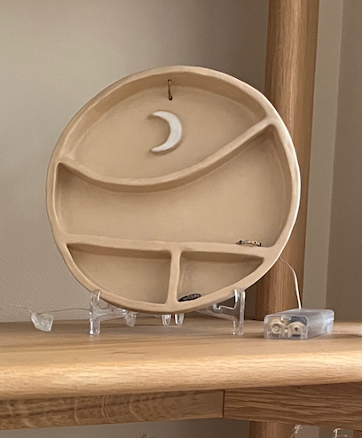 ROUND BEIGE CERAMIC ALTAR WITH WHITE MOON – HANDMADE SPIRITUAL SHRINE