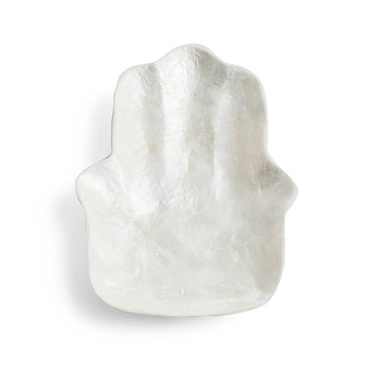 DECORATIVE WHITE CAPIZ SHELL DISH IN THE SHAPE OF A HAND: HAMSA